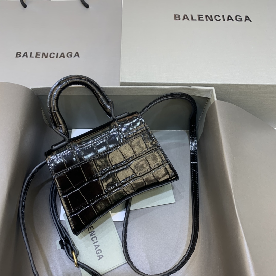 Balenciaga Hourglass Mini Handbag Crocodile Embossed Shoulder Bag Black 